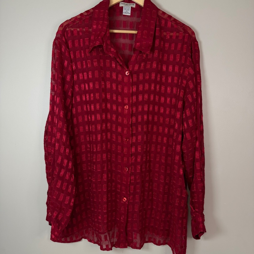 NOTATIONS Women's XL Red Glitter Sheer Geometric Button‎ Up Tunic Top Holiday